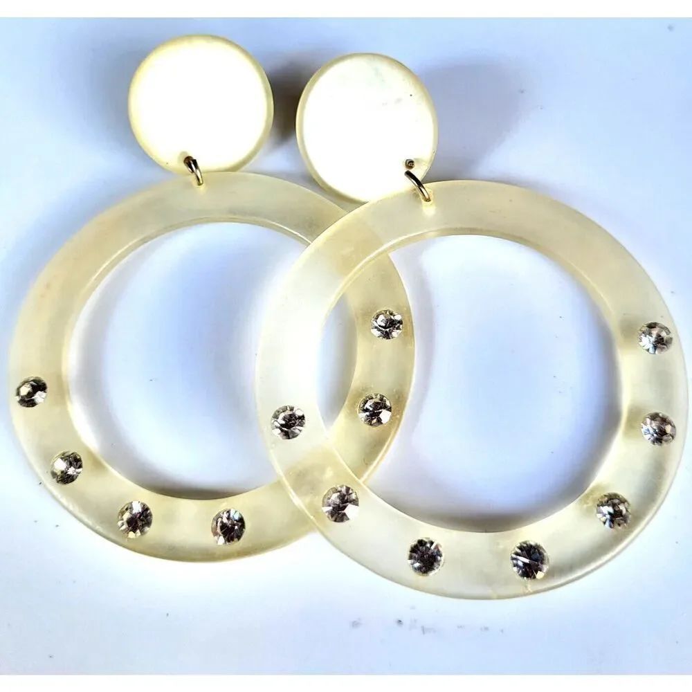 Vintage Frosted Clear Lucite Hoop Dangle Earrings with Rhinestones 3.5 in